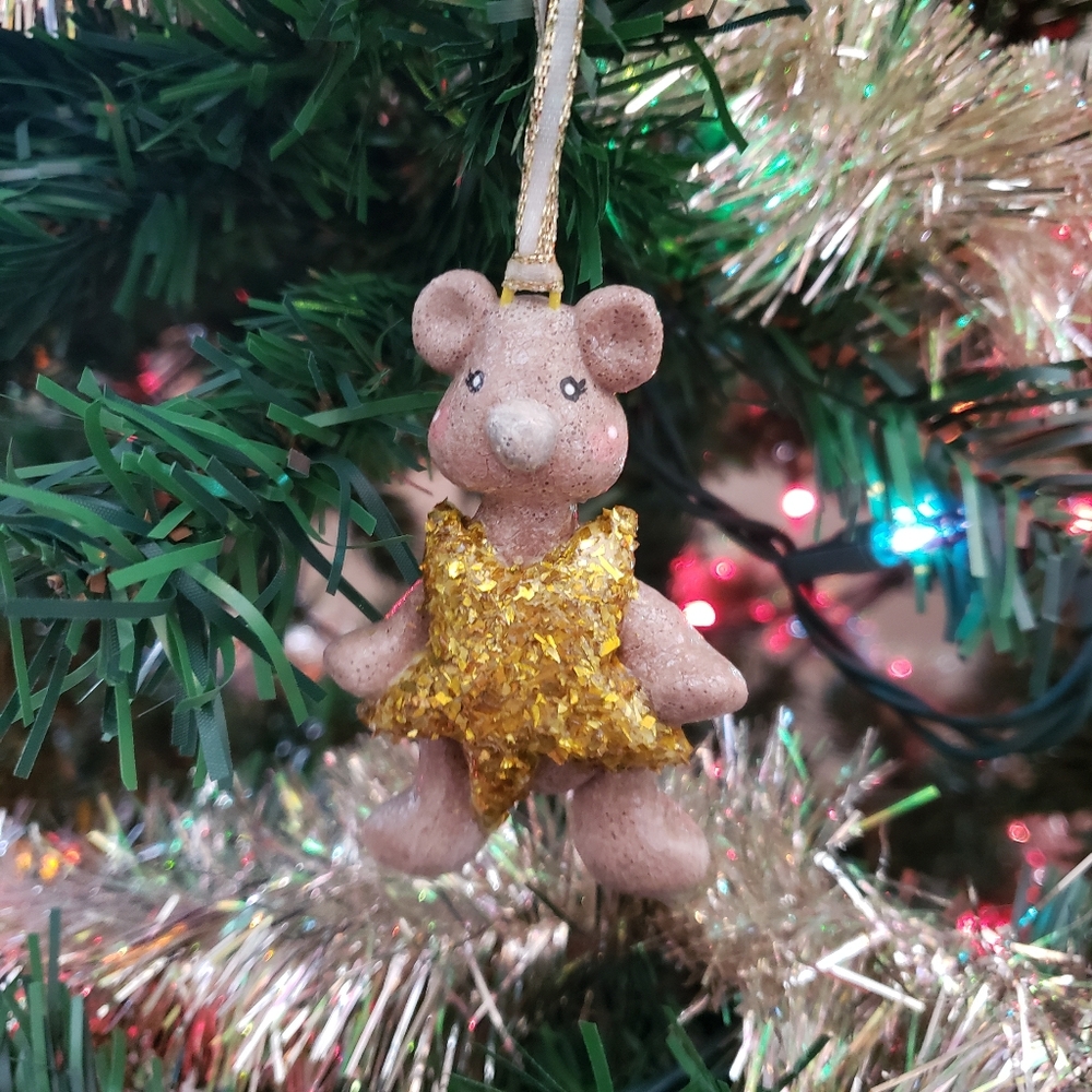 New Handmade Salt Dough Bear with Gold Star Ornament